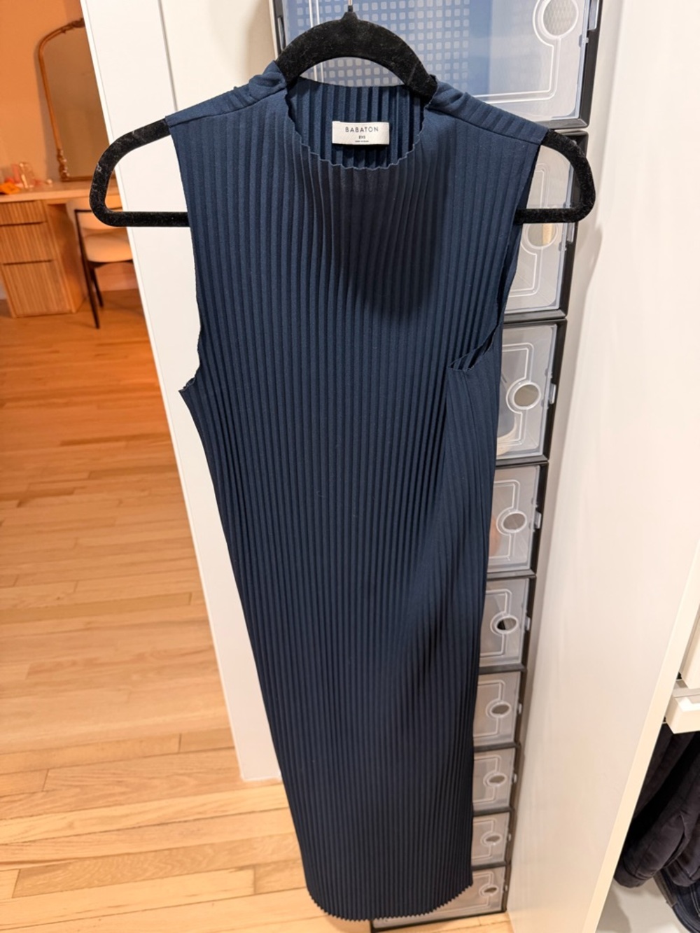Babaton Dark Navy Ribbed Sleeveless Midi Dress